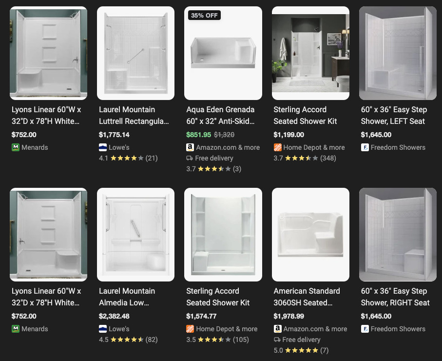 Screenshot of a google search of showers with built in seats from a variety of manufacturers.